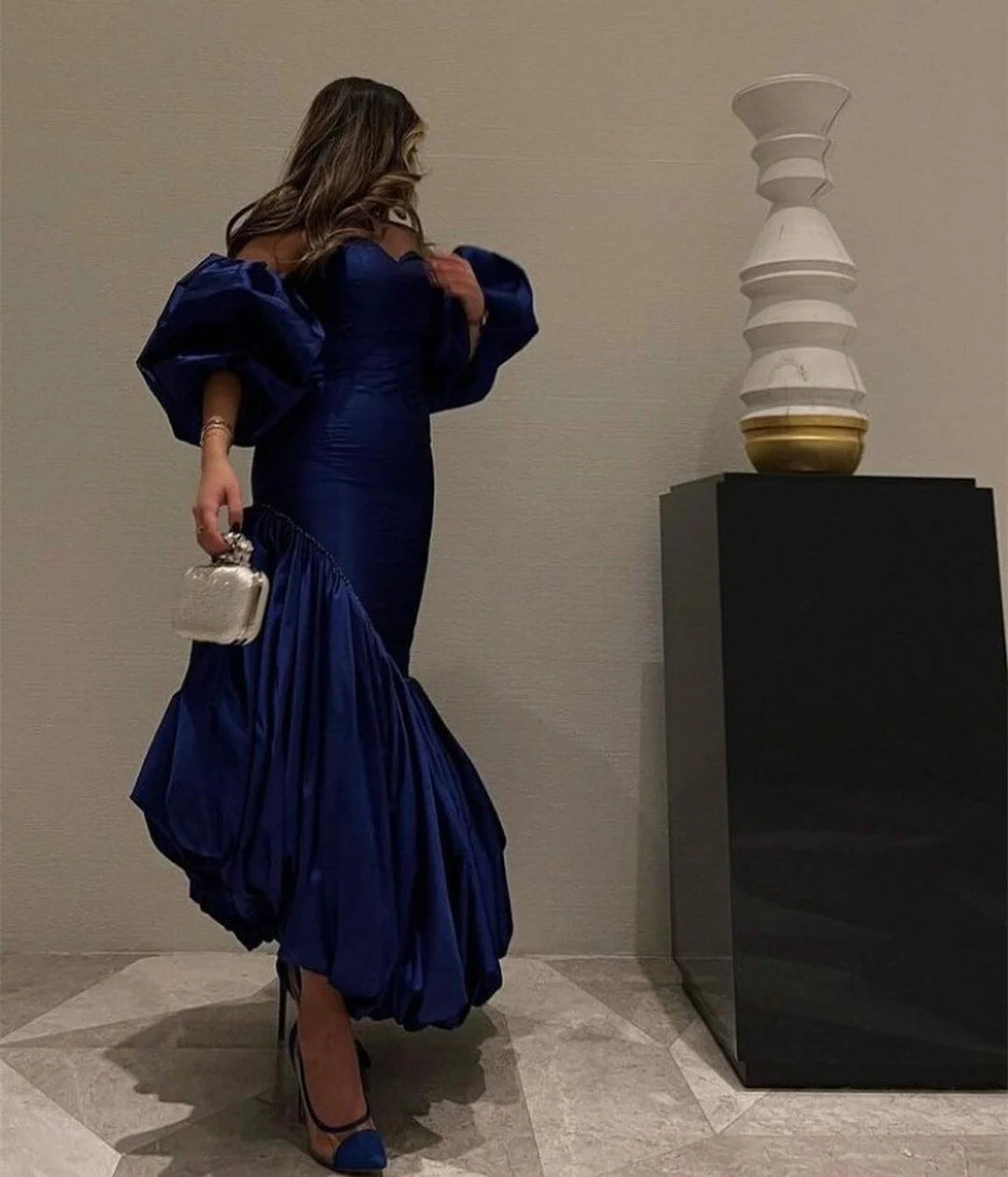 Sexy Classic fitsleeveless off shoulder satin blue evening dress