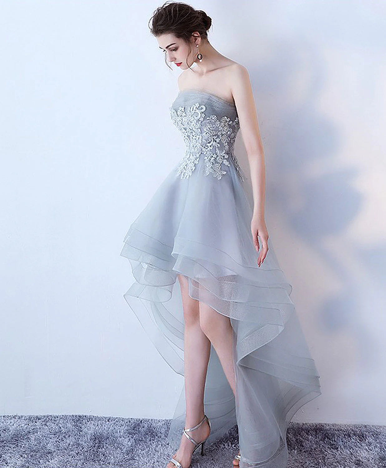 Gray Tulle Lace High Low Prom Dress Full of charm Homecoming Dress