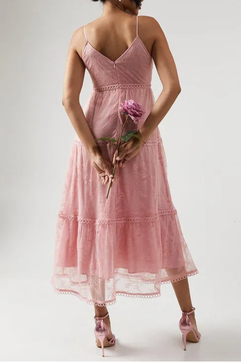 Unique design Petite Delicate Lace Trim Strappy Maxi Bridesmaids Dress