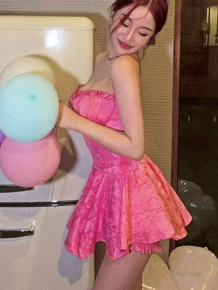 Sexy A Line Pink Strapless Rufflesd Homecoming Dress Short Party Dress