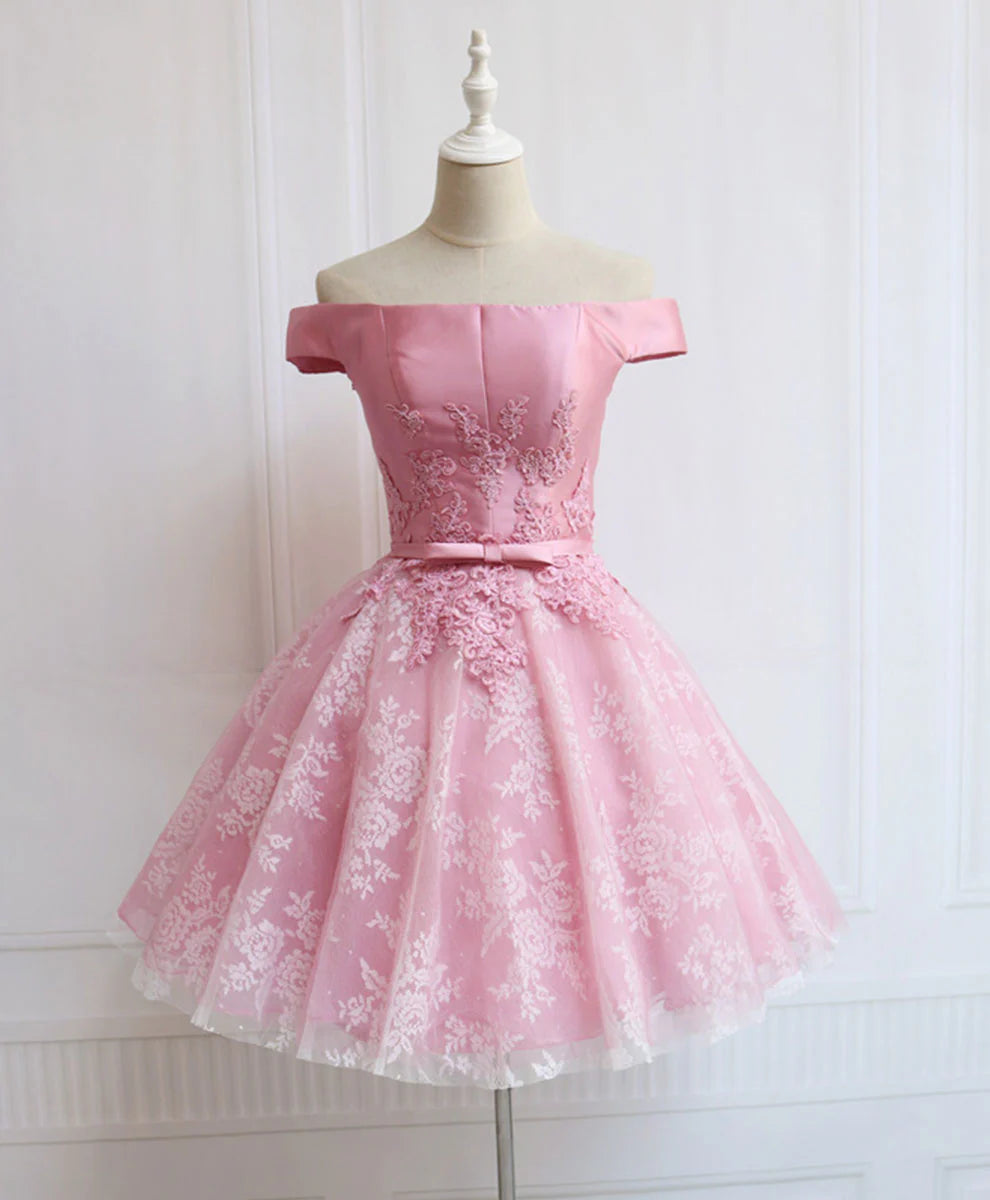Tulle Of Shoulder Lace Short Pink Prom Dress Unique design Homecoming Dress