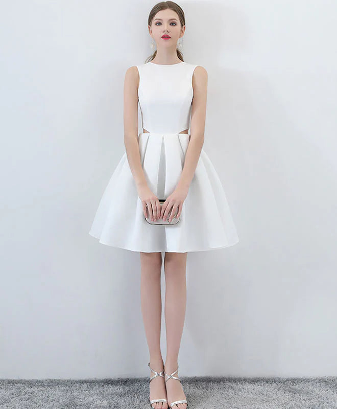 Simple White Satin Short Prom Dress, Unique design Retract Your Waist Homecoming Dress