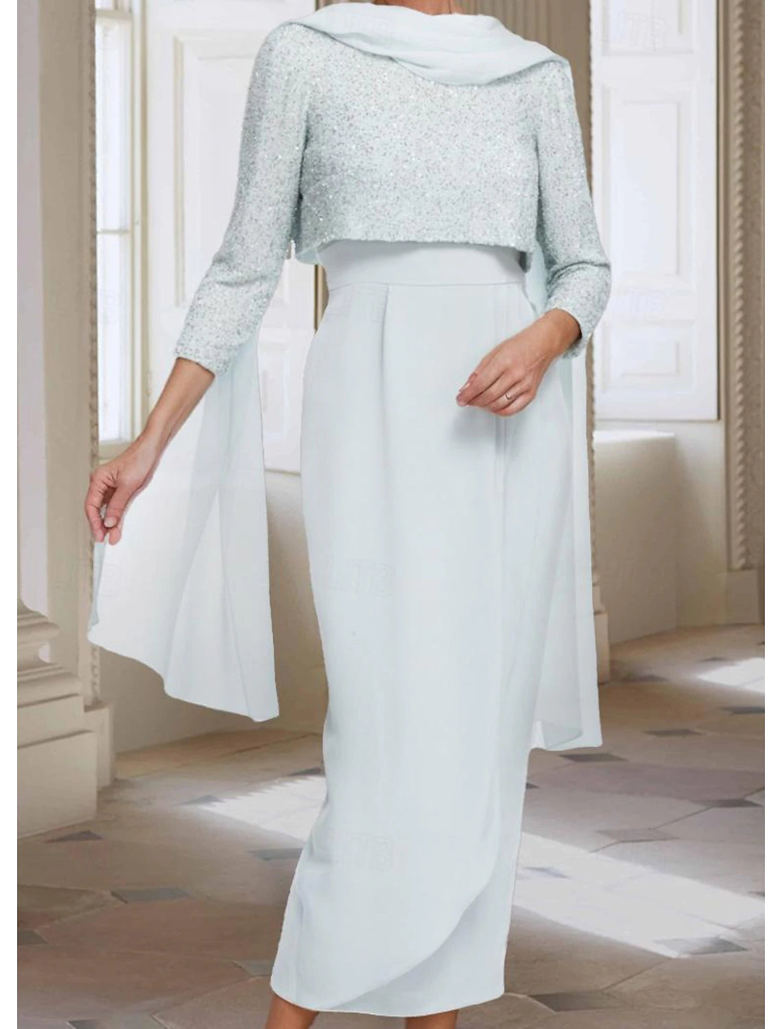 Beach Wedding Two Piece Sheath Mother of the Bride Dress Elegant Jewel Neck Tea Length Chiffon 3/4 Length Sleeve with Solid Color 2025 free custom size