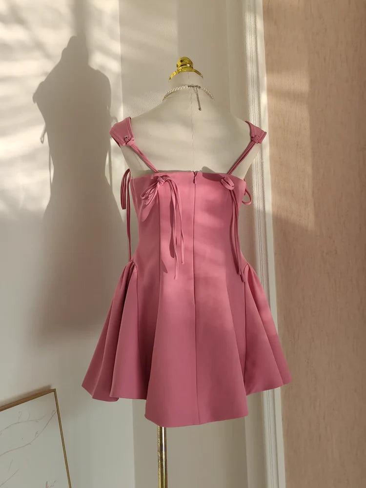 Unique design A Line Straps Pink Satin Cute Short Homecoming Dresses Birthday Outfits