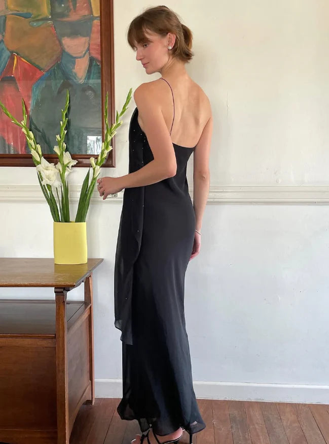 Sexy Sheath Spaghetti Strap Beaded Black Chiffon Long Prom Dress