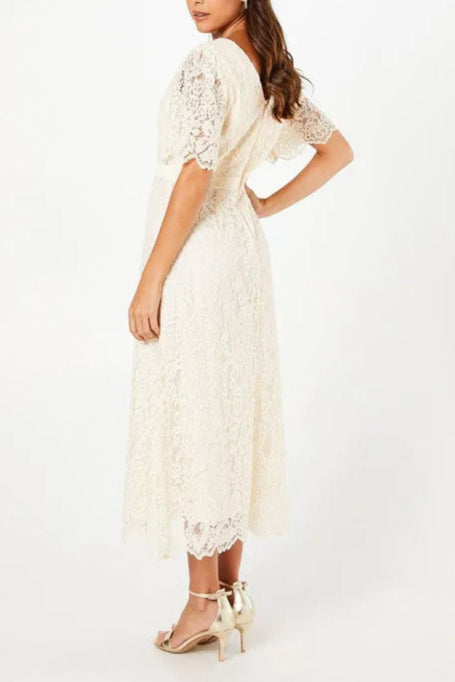 Lace Angel Sleeve Retract Your Waist Midi Mother Of The Bride Outfits Dress