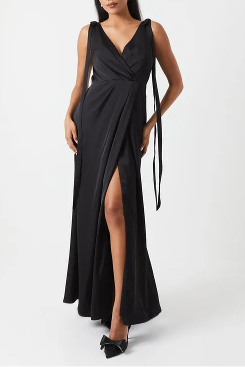Tie Shoulder Ruched Skirt Satin Elegant and gentle Bridesmaid Maxi Dress