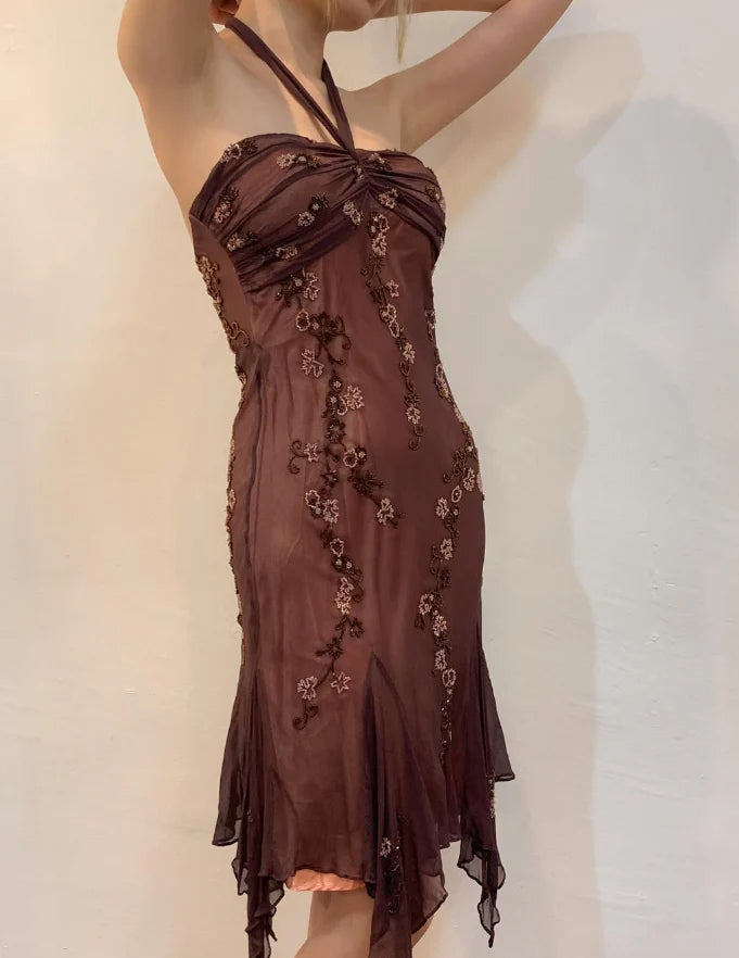 Vintage Sheath Halter Beaded Short Homecoming Dress Brown Chiffon Evening Dress