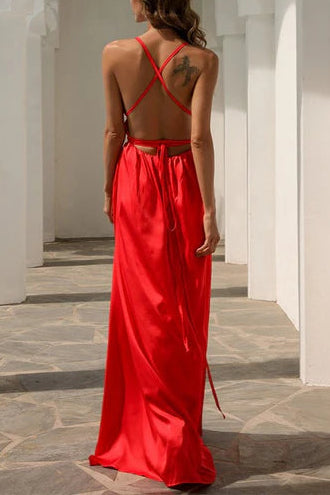 Full of charm Backless Red V-Neck High Side Slit Long Evening Dress