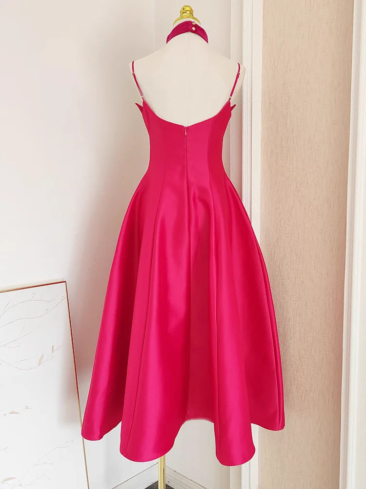 Spaghetti Straps Hot Pink Vacation Dress Satin Sexy A line Women Prom Dresses