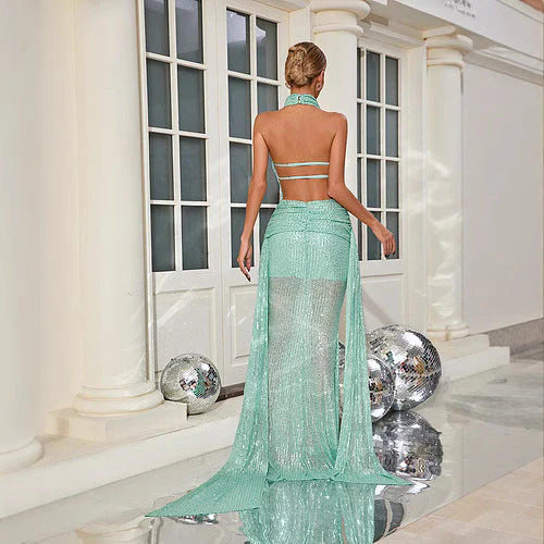 Unique design Halter Backless Sequin Mermaid Floor Length Party Dress
