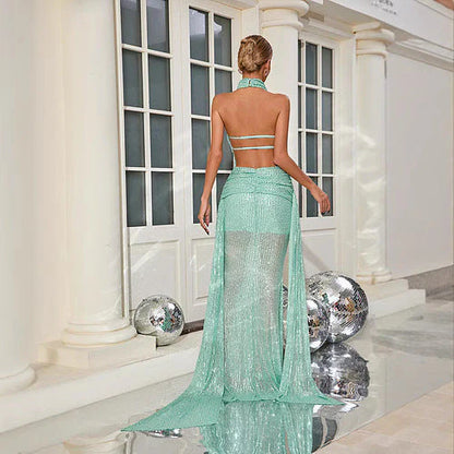 Unique design Halter Backless Sequin Mermaid Floor Length Party Dress
