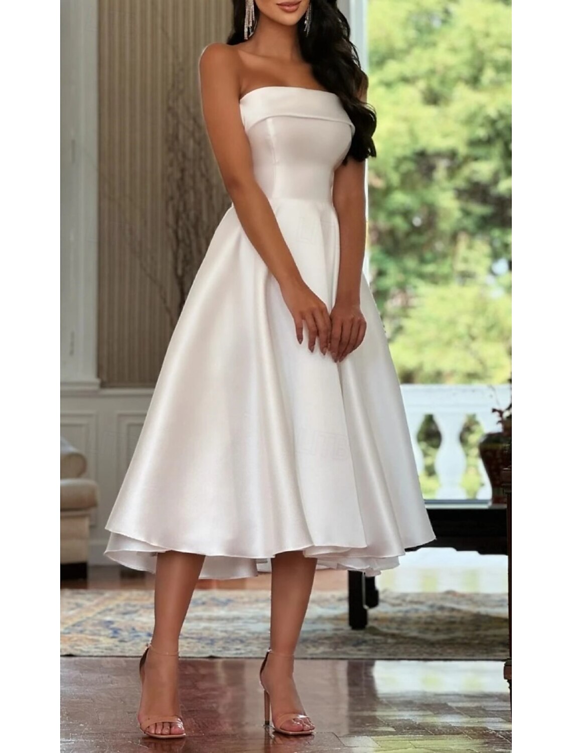 Engagement Sweetheart Sleeveless Little White Dresses Wedding Dresses A-Line Tea Length Satin Bridal Gowns With Pleats Solid Color