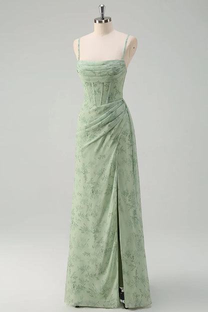 Mermaid Dusty Sage Floral Corset Ruched Long Party Dress with Slit