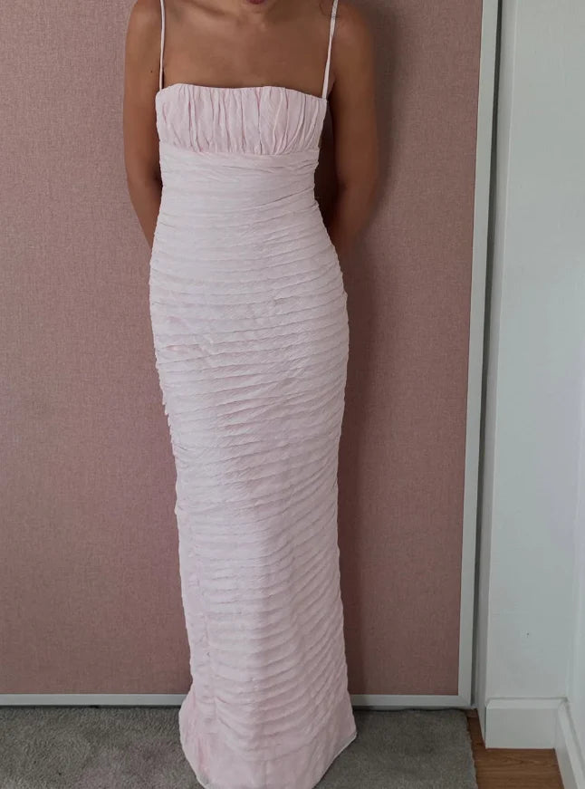 Elegant Sheath Spaghetti Strap Light Pink Satin Long Prom Dress