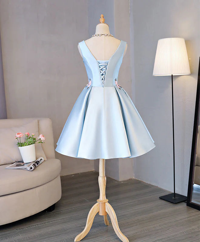 Blue Satin Applique Short Prom Dress Applique Retract Your Waist Homecoming Dress