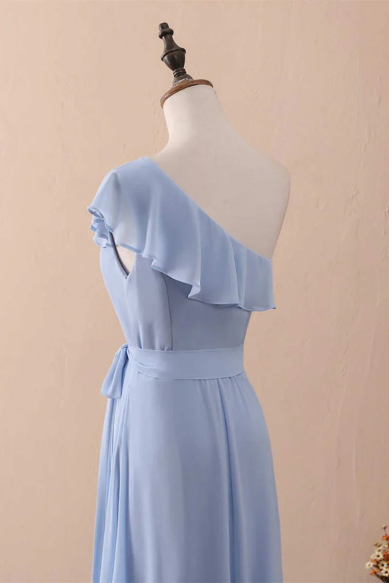 One-Shoulder Ruffled Chiffon Long Bridesmaid Dress Periwinkle A-Line Prom Dress