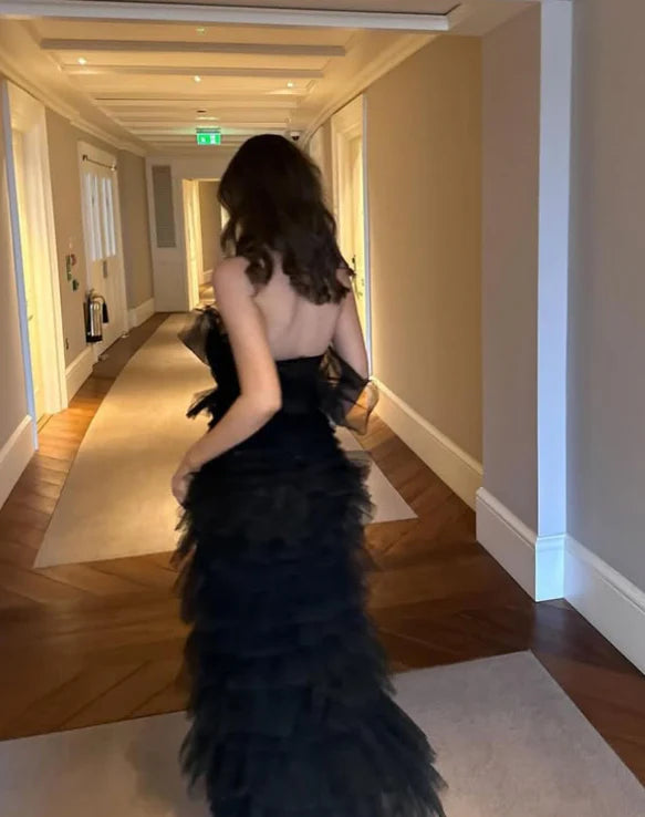 Strapless Layered Tulle Long Prom Dress Black Mermaid Evening Dress