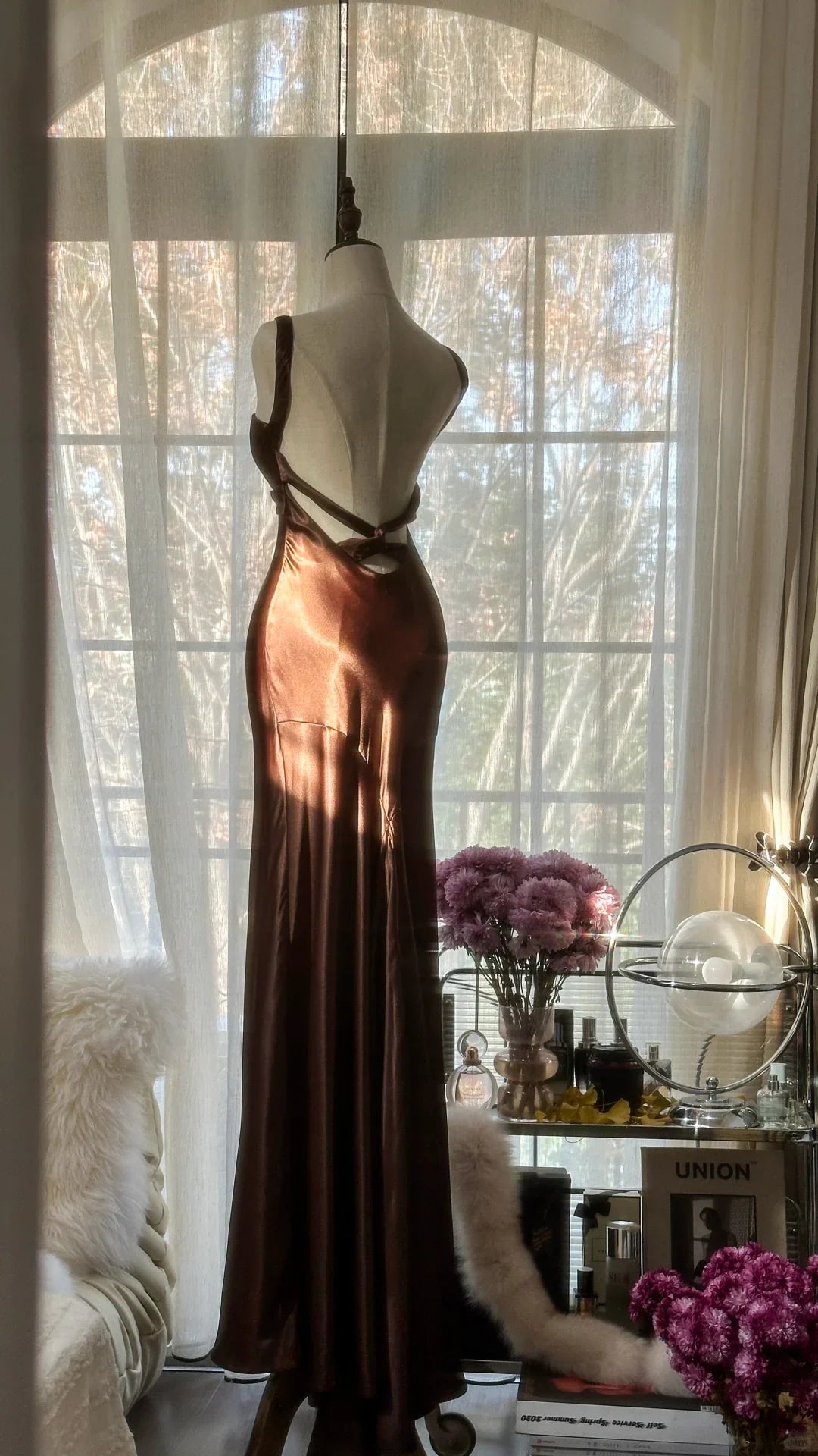 Sexy Mermaid Halter Brown Satin Long Open Back Party Dress Evening Dress