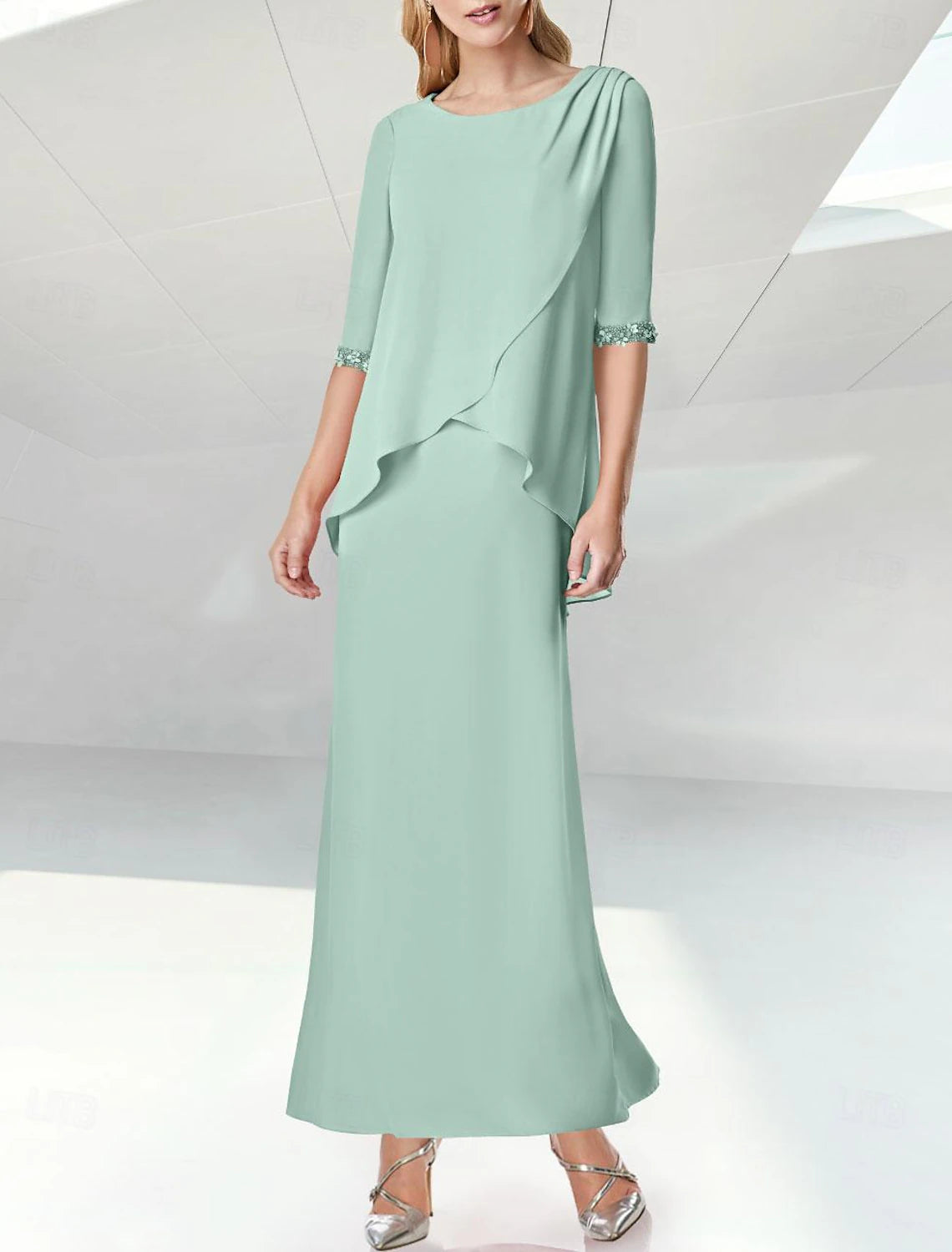 Beach Wedding Sheath Mother of the Bride Dress Elegant Jewel Neck Floor Length Chiffon Half Sleeve with Sequin Ruching