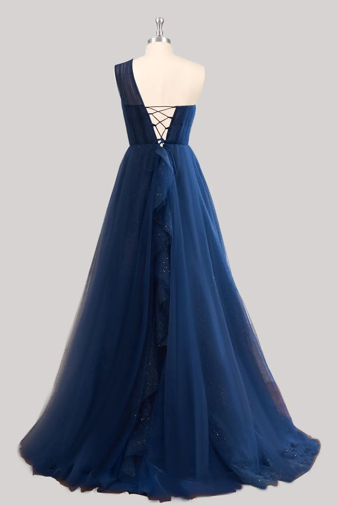 Custom one shoulder party dress sparkly tulle navy long prom dress