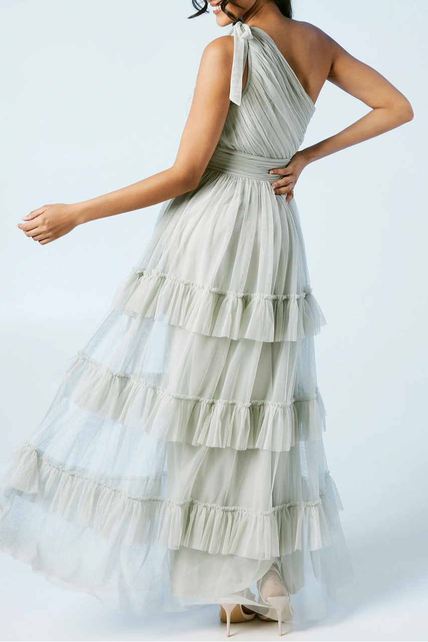 Pleated Mesh One Shoulder  Retract Your Waist Tiered Maxi Bridesmaids Maxi Dress