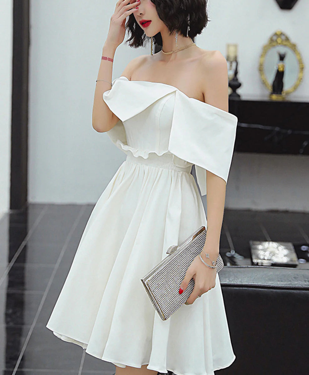 Cute White Satin Short Prom Dress White Retract Your Waist Homecoming Dress