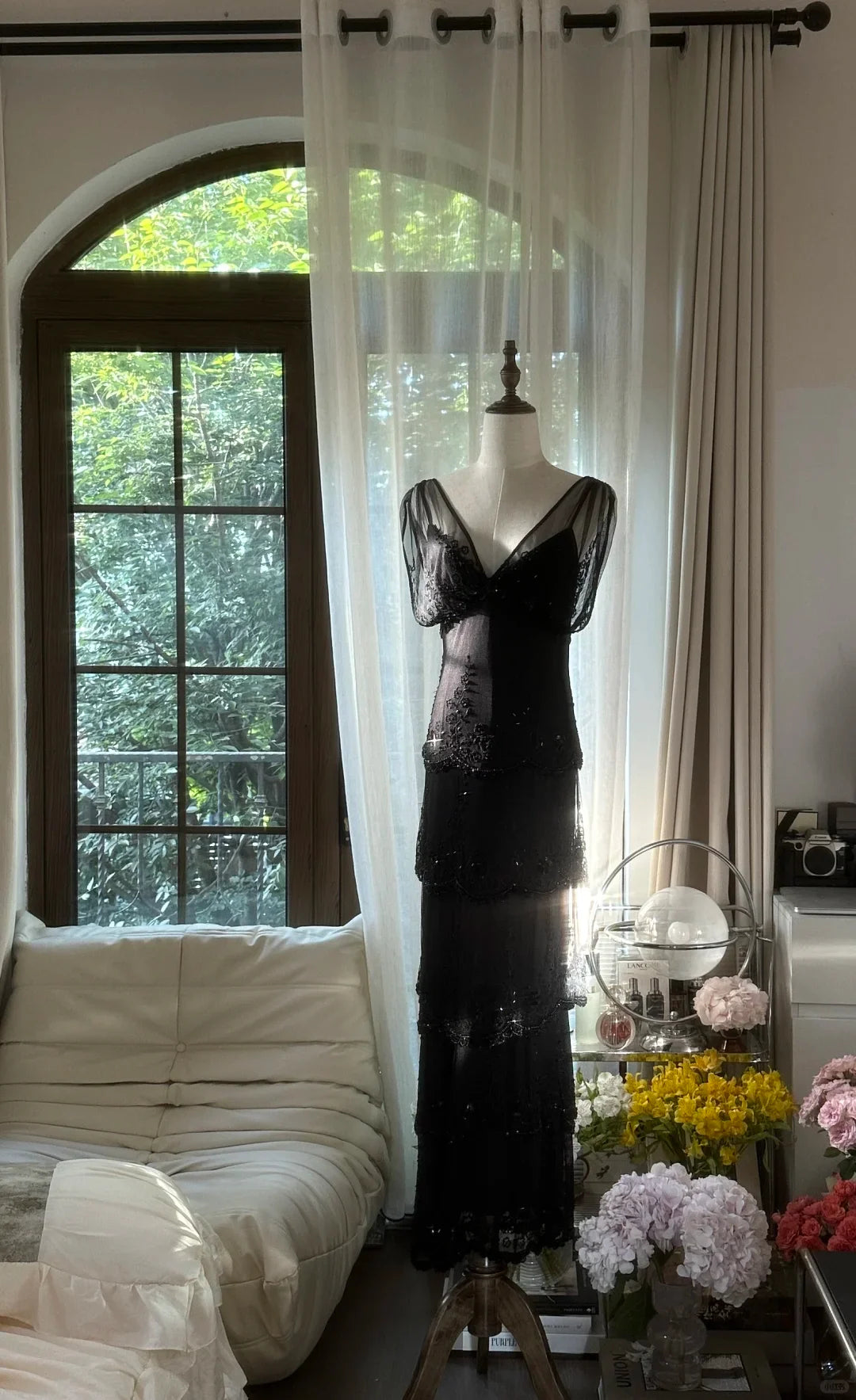 Charming Sheath V Neck Layered Full of charm Beaded Black Chiffon Party Dress