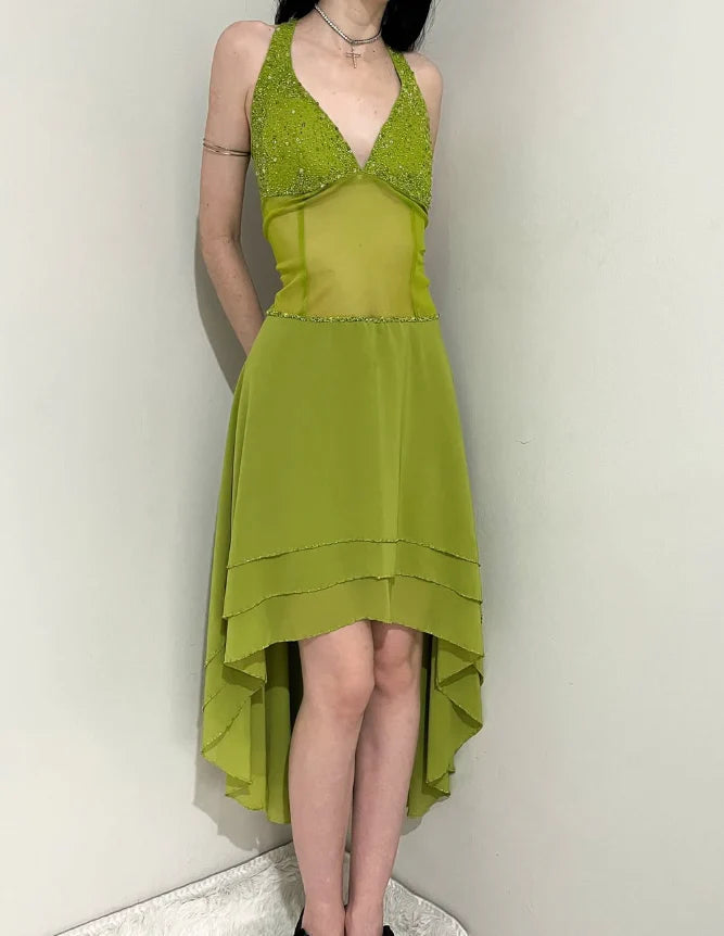 Green Vintage A Line V Neck Beaded Sequin Chiffon Prom Dress