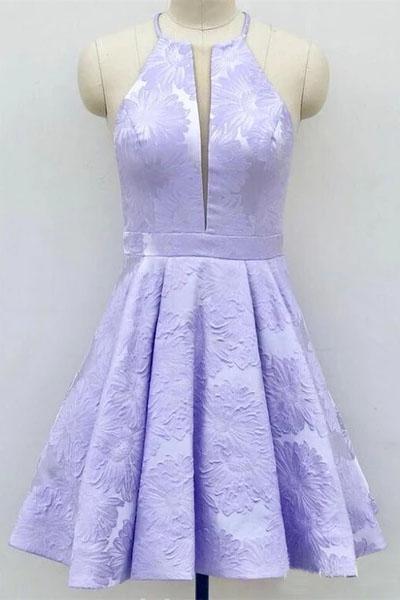 Lilac Homecoming Dresses with Pocket Halter Short Jacquard Floral Graduation Dress