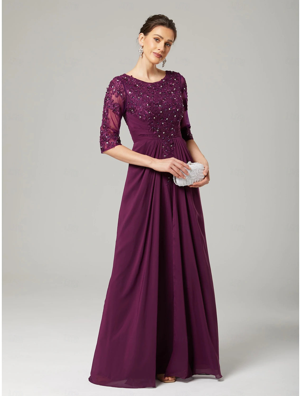 Sheath / Column Mother of the Bride Dress Formal Wedding Guest Elegant Sparkle & Shine Crew Neck Asymmetrical Floor Length Chiffon Lace 3/4 Length Sleeve with Sequin Appliques