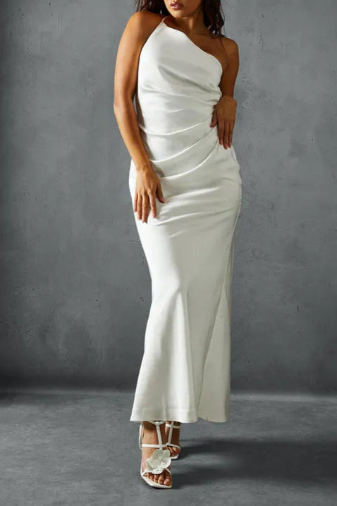 Satin Asymmetric Strap Pleated Waist Low Back Bridesmaids Maxi Dress