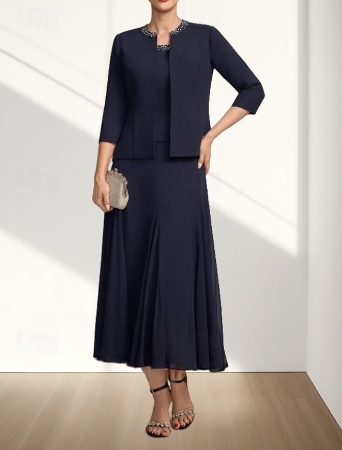 Two Piece A-Line Mother of the Bride Dress Wedding Guest Elegant Crew Neck Tea Length Chiffon 3/4 Length Sleeve with Beading Midi Dress