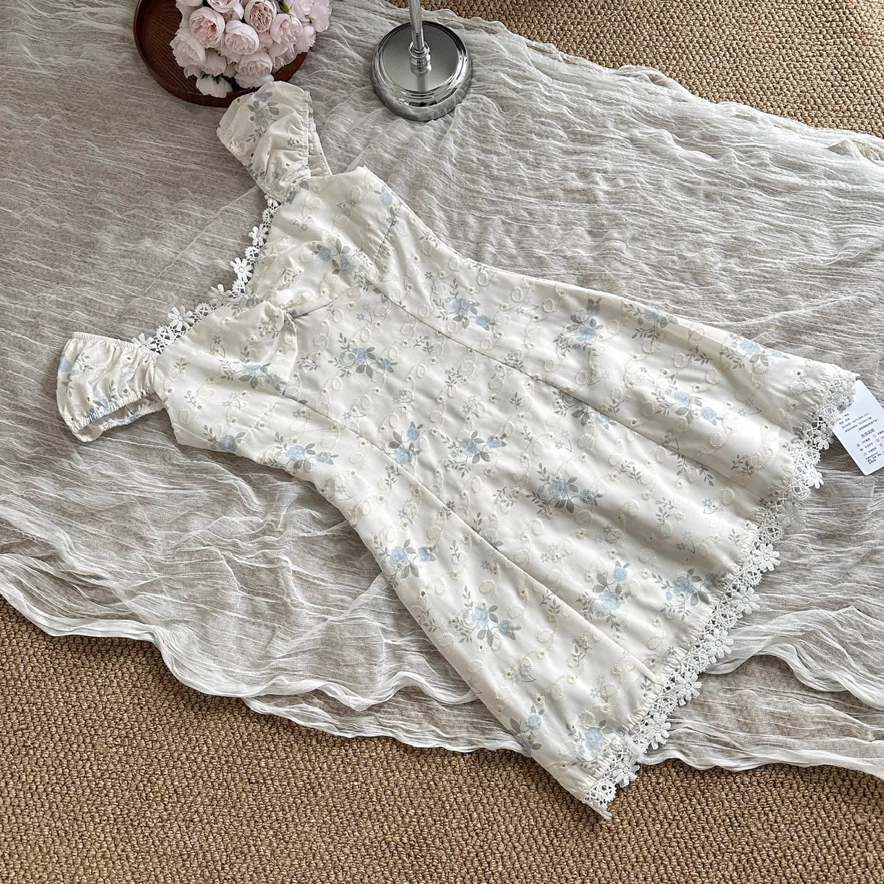 Cute A line Cap Sleeves Blue Floral Dress Sweetheart Short Homecoming Dresses