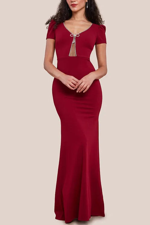 Diamante Embellished Bow Scuba Crepe Unique design Slim-fit Bridesmaids Maxi Dress