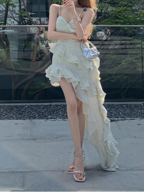 Sweet hot girl style irregular ruffled floral suspender long party dress