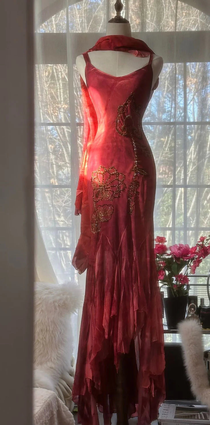 Spaghetti Straps Ruffle Beaded Red Chiffon Evening Dress Sexy Mermaid Party Dress