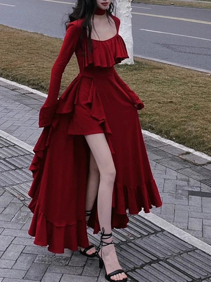 Vintage Red Prom Dress Long  Square Neck Irregular Evening Dress