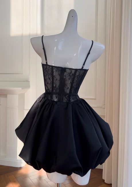 Black A-line Neck Lace Satin Short Prom Dress, Sweetheart Homecoming Dress