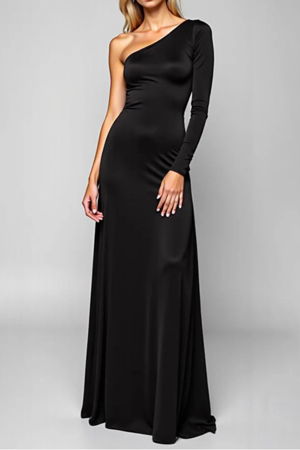 Full of charm Black One Shoulder Long Slim-fit Formal Party Dress