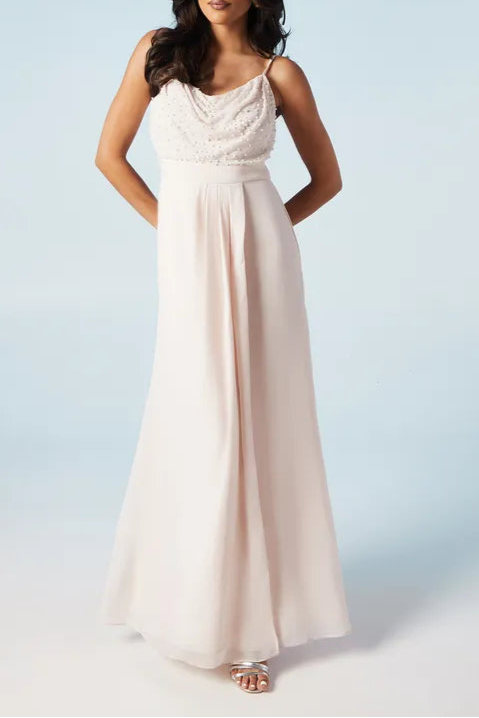 Pearl Embellished Strappy Unique design Spaghetti strap Sleeveless Bridesmaids Dress