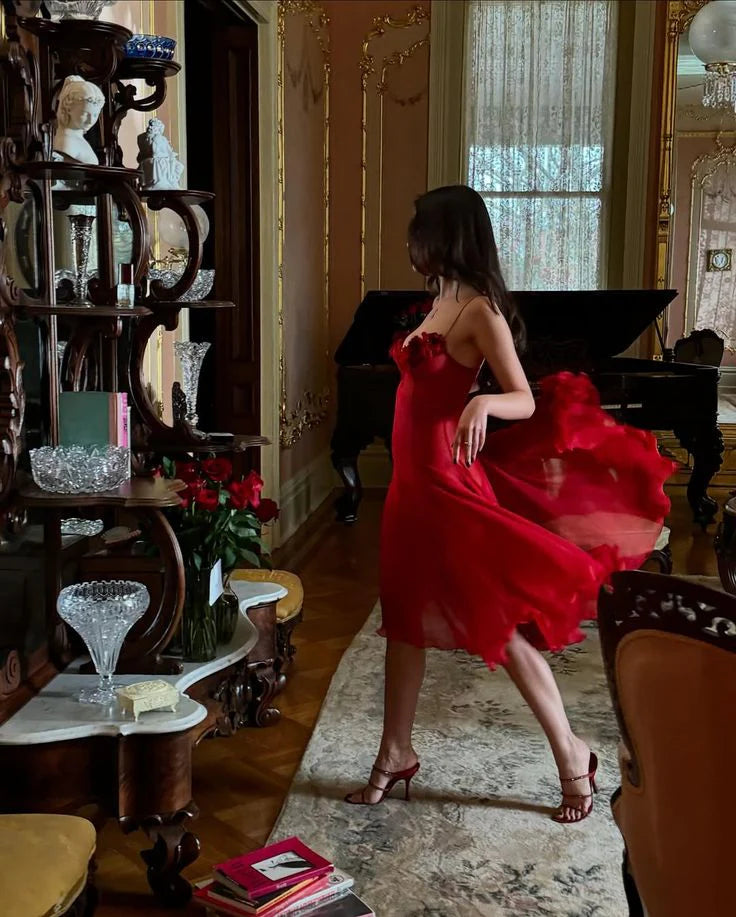 Sexy A Line Spaghetti Strap Flower Burgundy Chiffon Short Party Dress