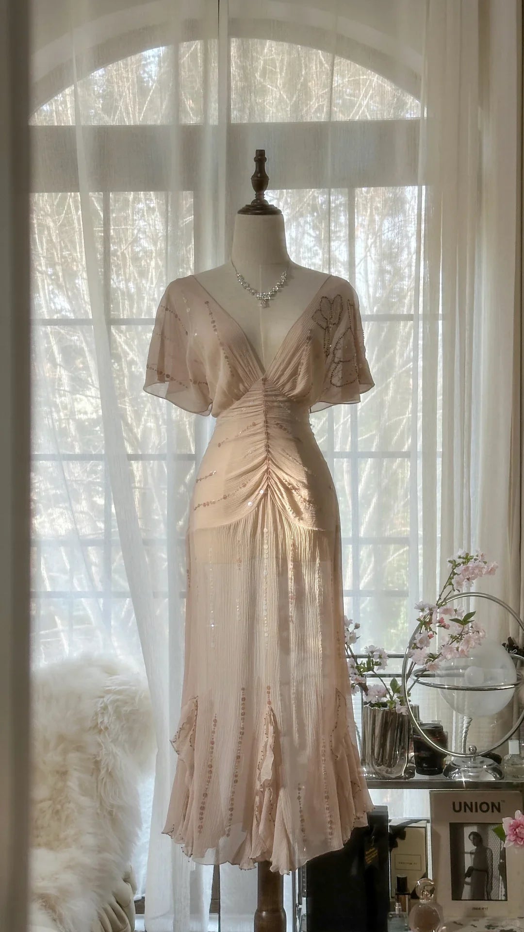 Gentle A Line V Neck Sequin Chiffon Retract Your Waist Party Dress