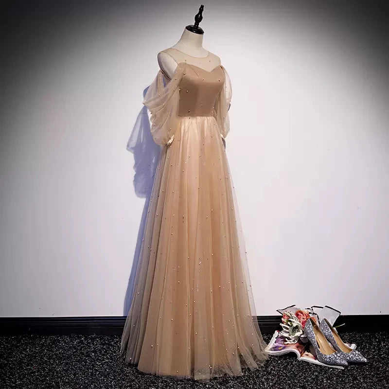 A line Tulle Long Unique design Sleeves Retract Your Waist  Prom Dresses