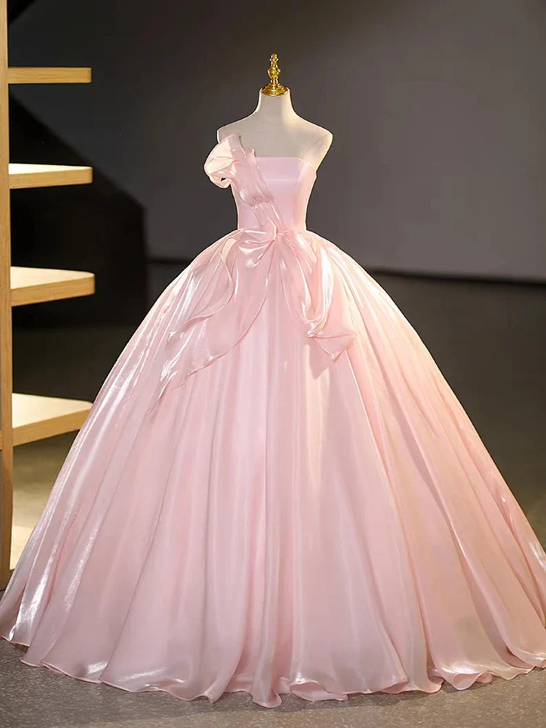 Elegant Strapless Light Pink Satin Ball Gown Classic fit Prom Dress