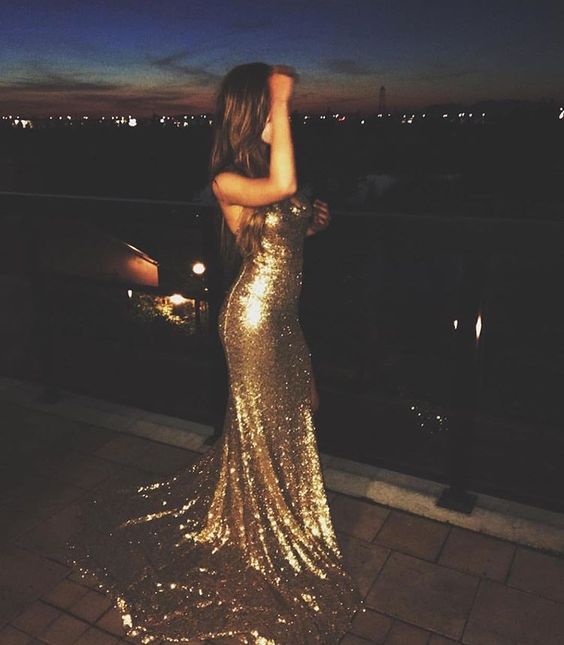 Golden Mermaid Spaghetti Strap Sequin Open Back Long Party Dress
