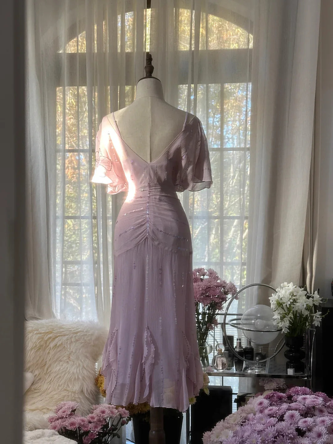 Gentle A Line V Neck Sequin Light Purple Chiffon Gentle and elegant Party Dress