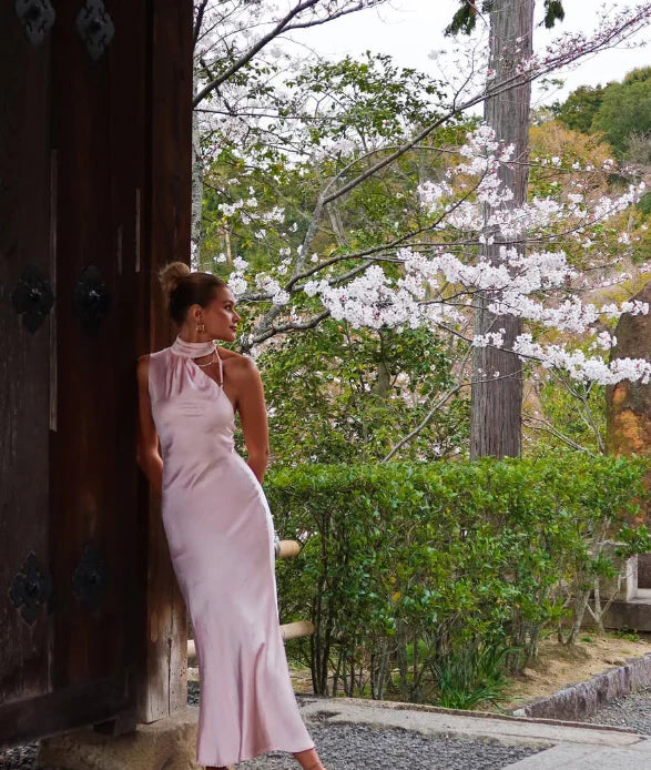 Elegant Mermaid Light Pink Satin Open Back Long Prom Dress