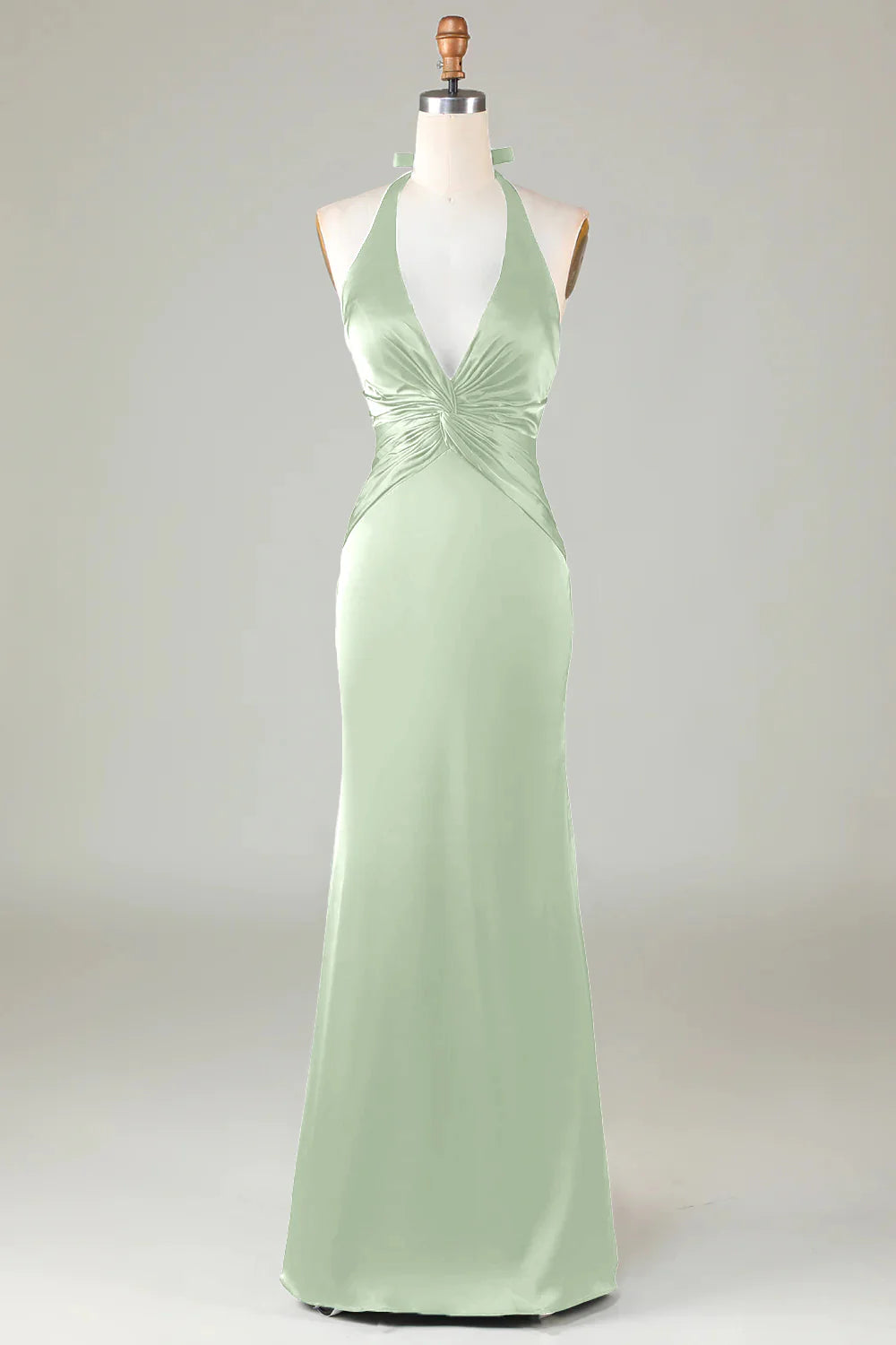 Full of charm Dusty Sage Satin Sheath Halter Long Bridesmaid Dress