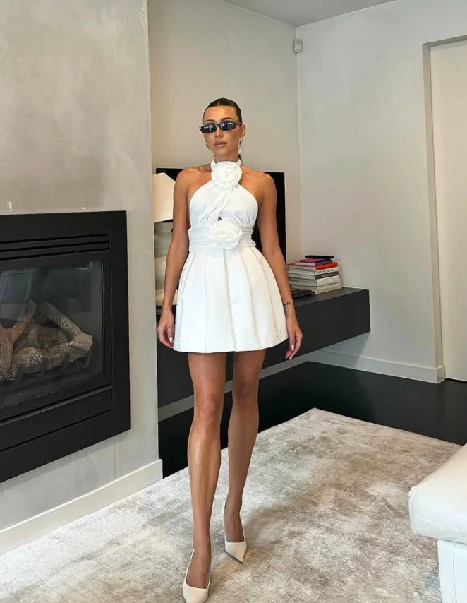 Halter 3D Floral Pearls Satin Short Homecoming Dress Charming A Line Birthday Dress